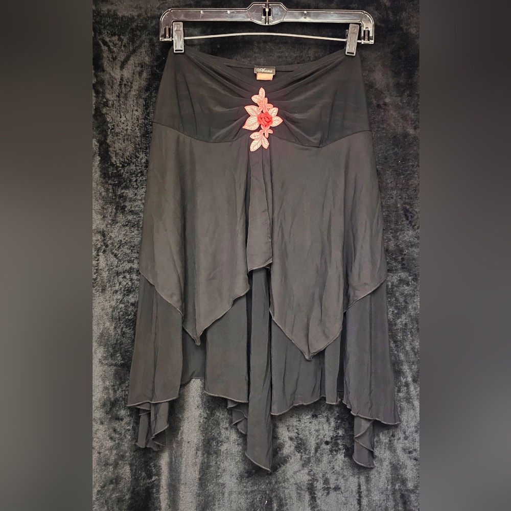 Anna Black Midi Skirt with Pink Floral Detail